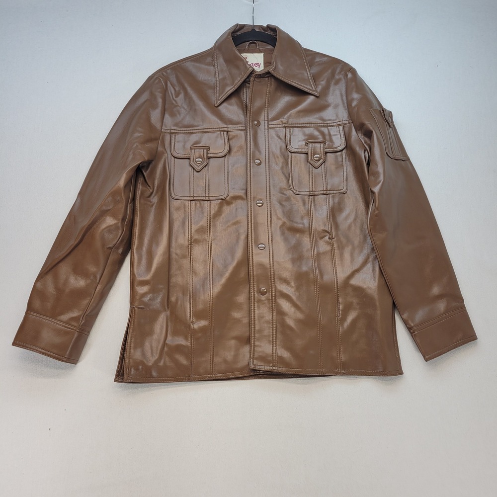 Envoy Faux Leather Jacket Mens Medium Brown Vintage 70s Snap Front Pockets‎